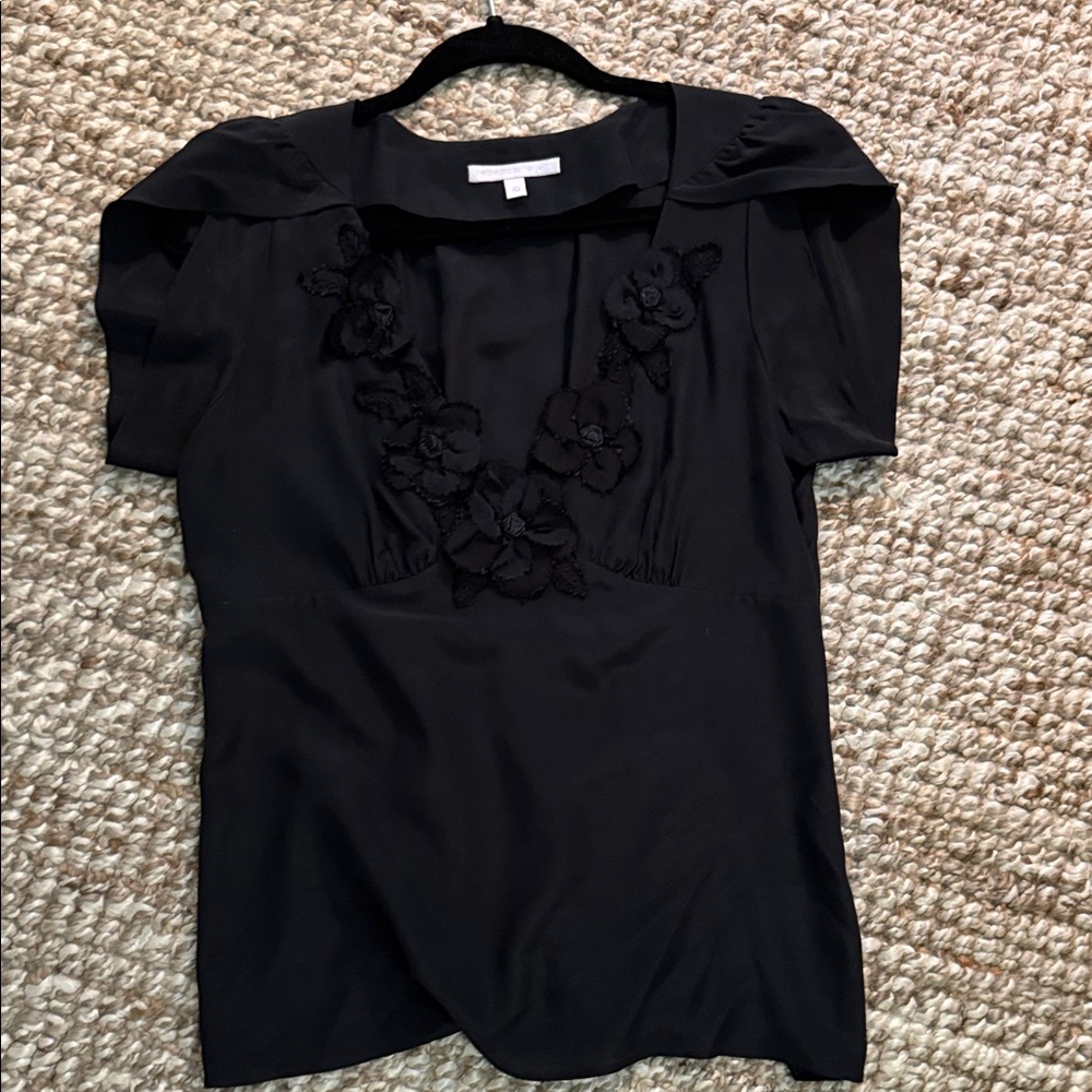 Rebecca Taylor Black 100% silk Embellished V-Neck Women's Top